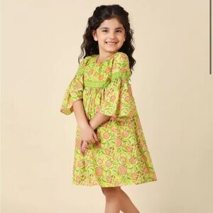 Fabindia Green Printed Dress with Bell Sleeves